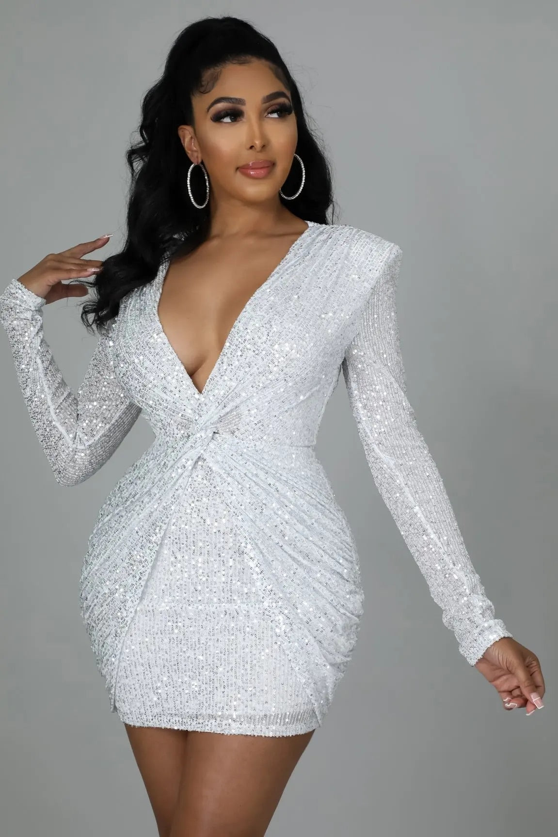 Essence - Elegant Sequin V Neck Party Dress