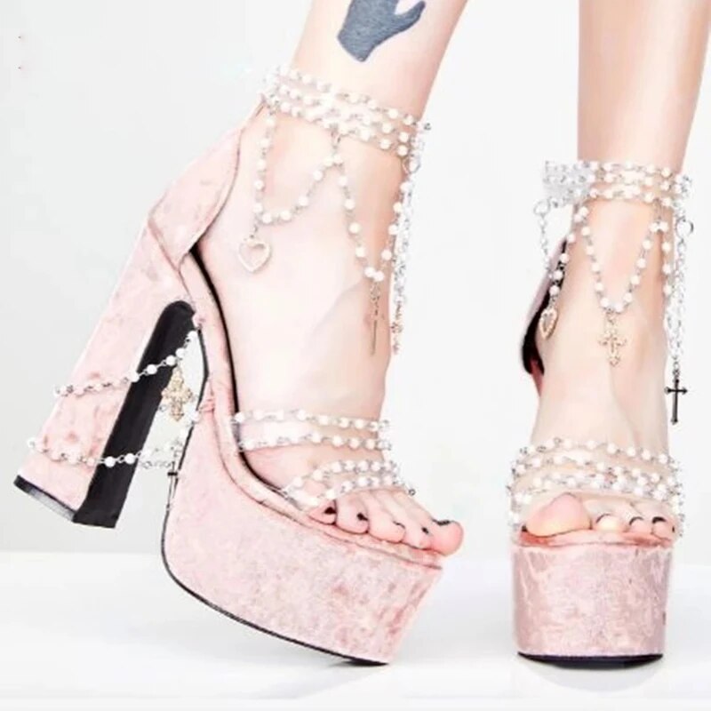 Fairytales -  Pearl Beaded Platform Chunky Sandals