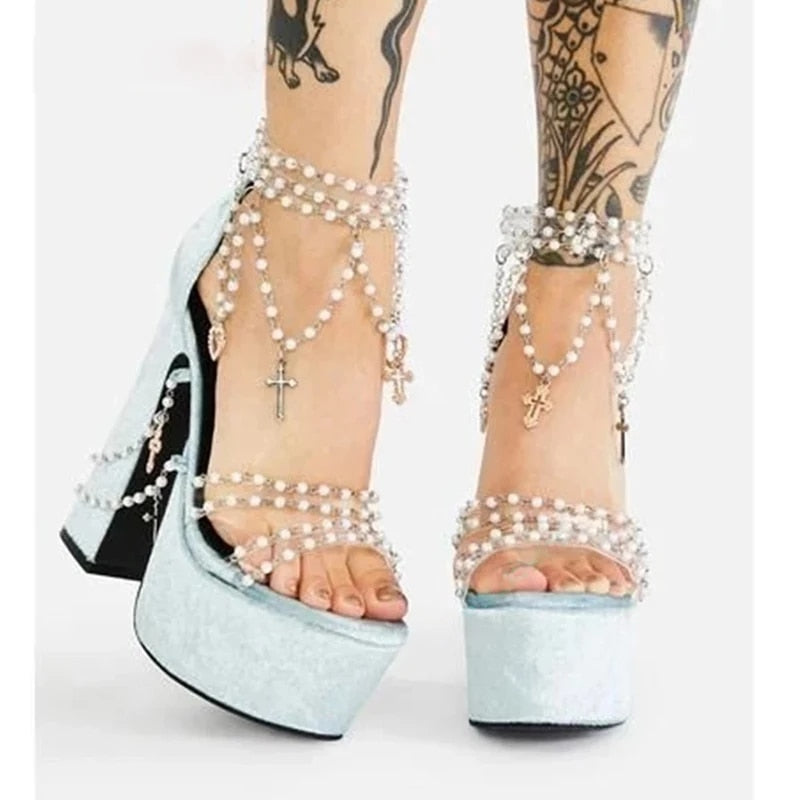 Fairytales -  Pearl Beaded Platform Chunky Sandals