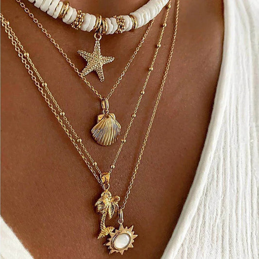 Bohemian Shell, Star, Sun Pendant Chain Layered Necklace