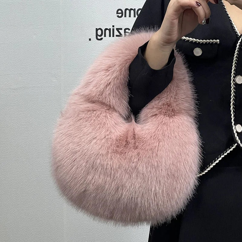 Luna - Women's Chic Plush Designer Half Moon Fluffy Faux Fur Handbag