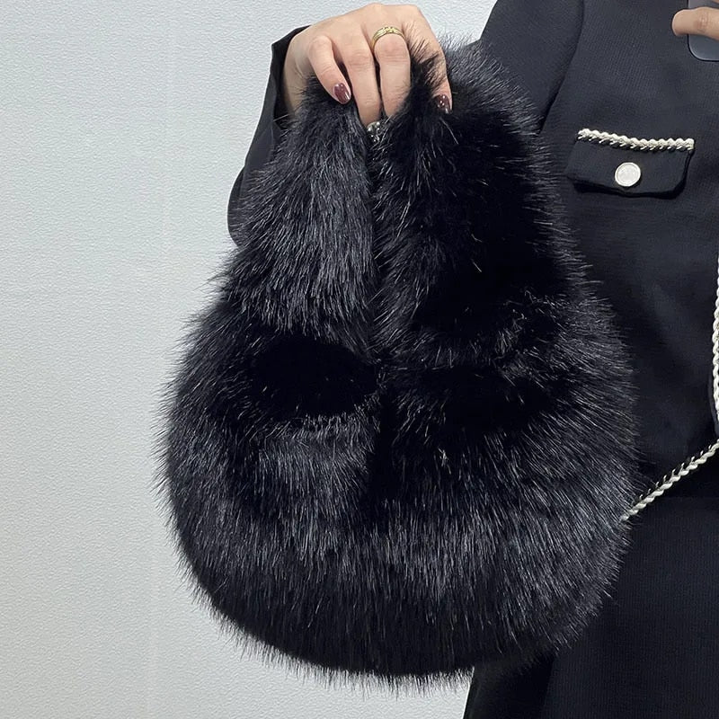 Luna - Women's Chic Plush Designer Half Moon Fluffy Faux Fur Handbag