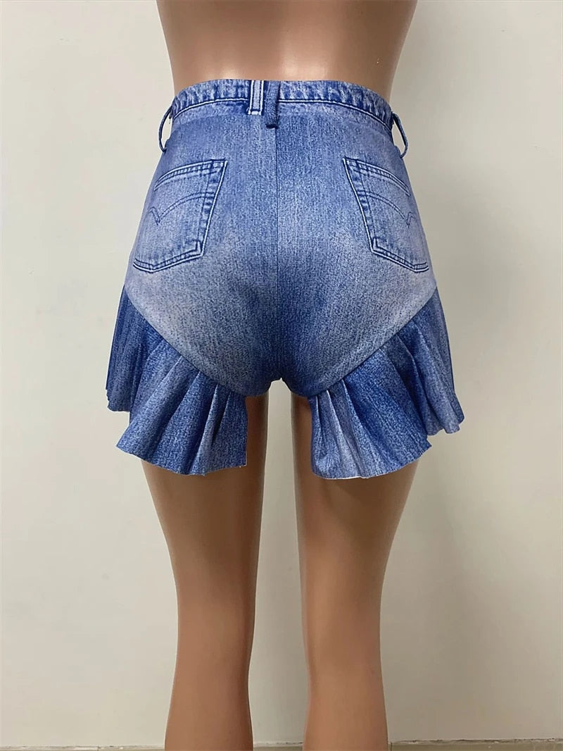 Yara - Faux Denim Printed Ruffle Shorts