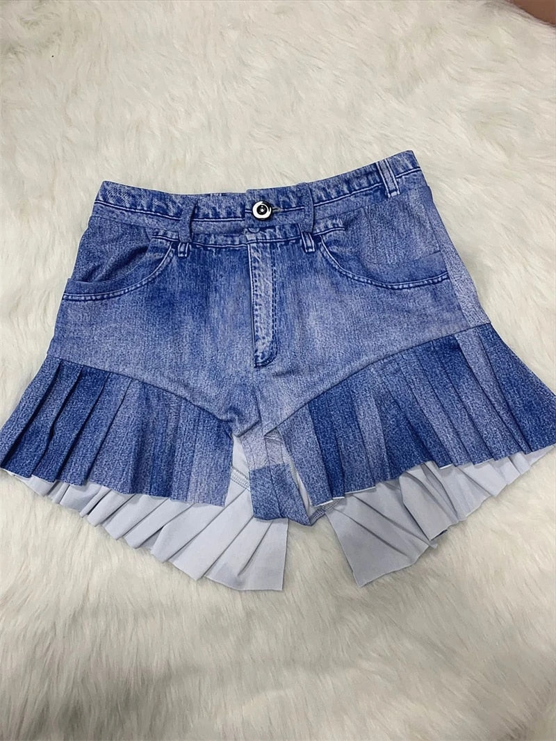 Yara - Faux Denim Printed Ruffle Shorts