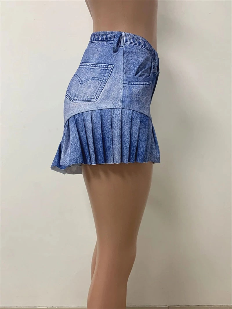 Yara - Faux Denim Printed Ruffle Shorts