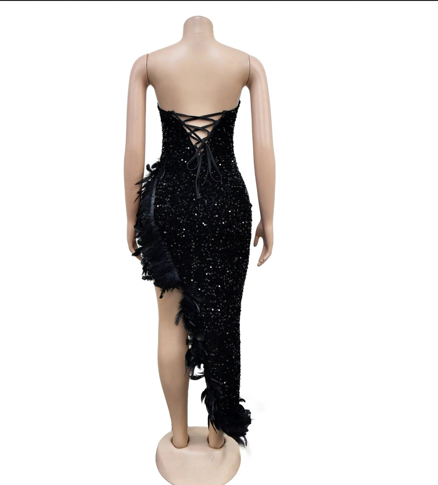 Devine - Asymmetrical Feather Rhinestone Evening Dress