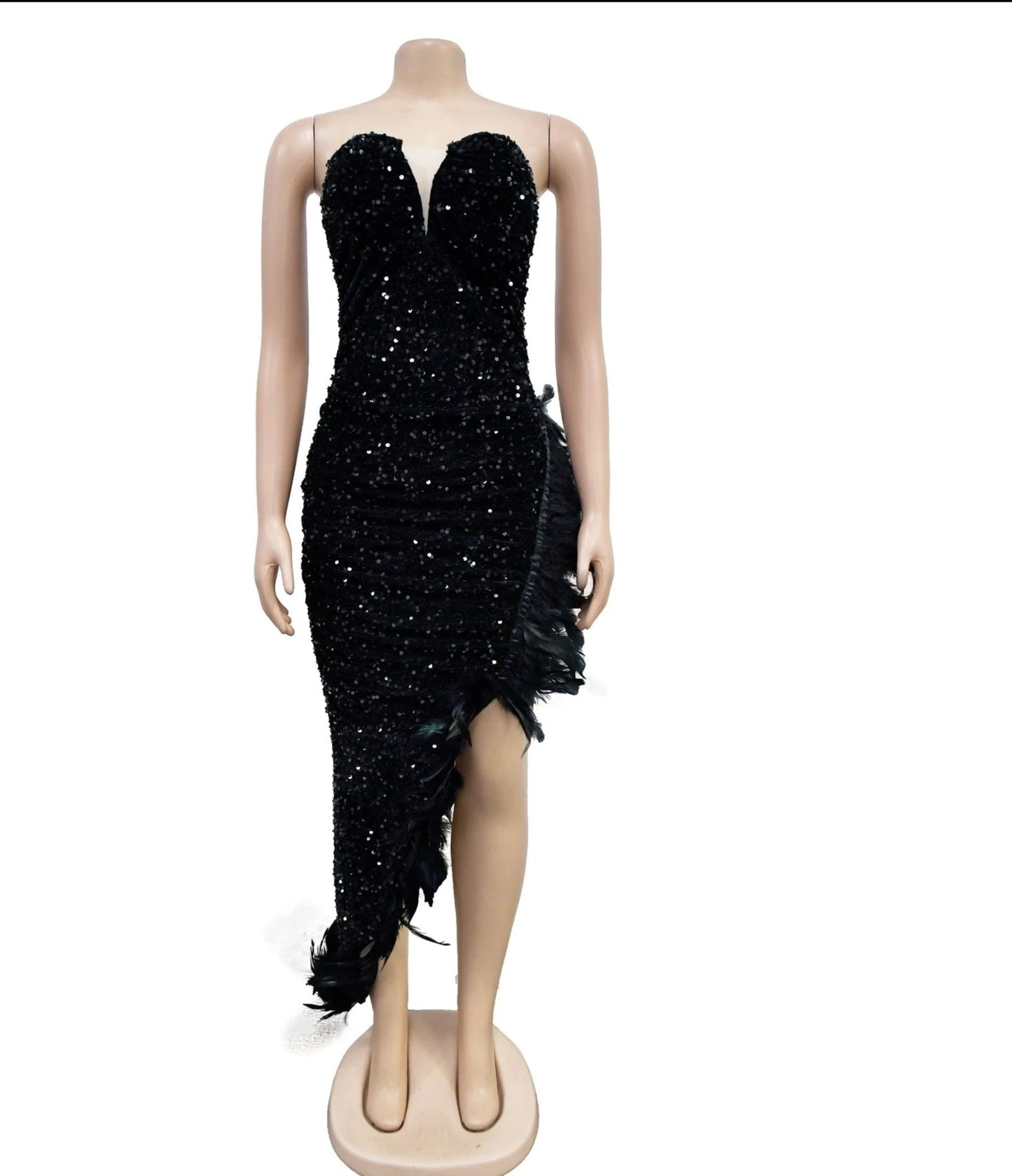 Devine - Asymmetrical Feather Rhinestone Evening Dress