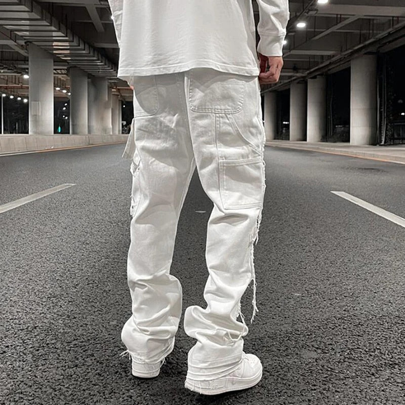 White Straight-Legged Ripped Casual Mens Jeans