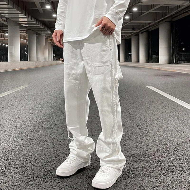 White Straight-Legged Ripped Casual Mens Jeans