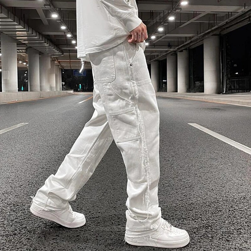 White Straight-Legged Ripped Casual Mens Jeans