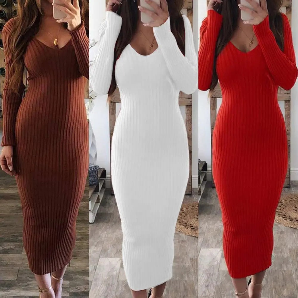 Sara - Ribbed Knitted Bodycon Dress