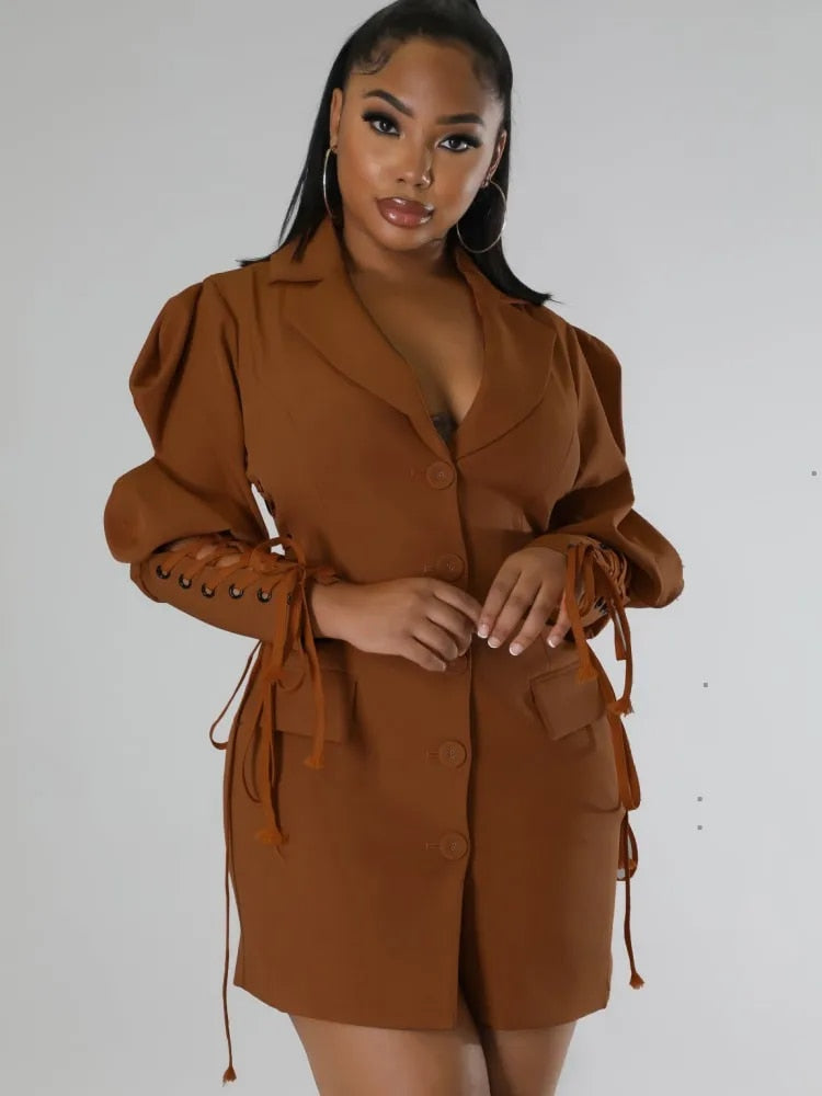 Lace Up - Solid Notched Single Breasted Blazer Dress