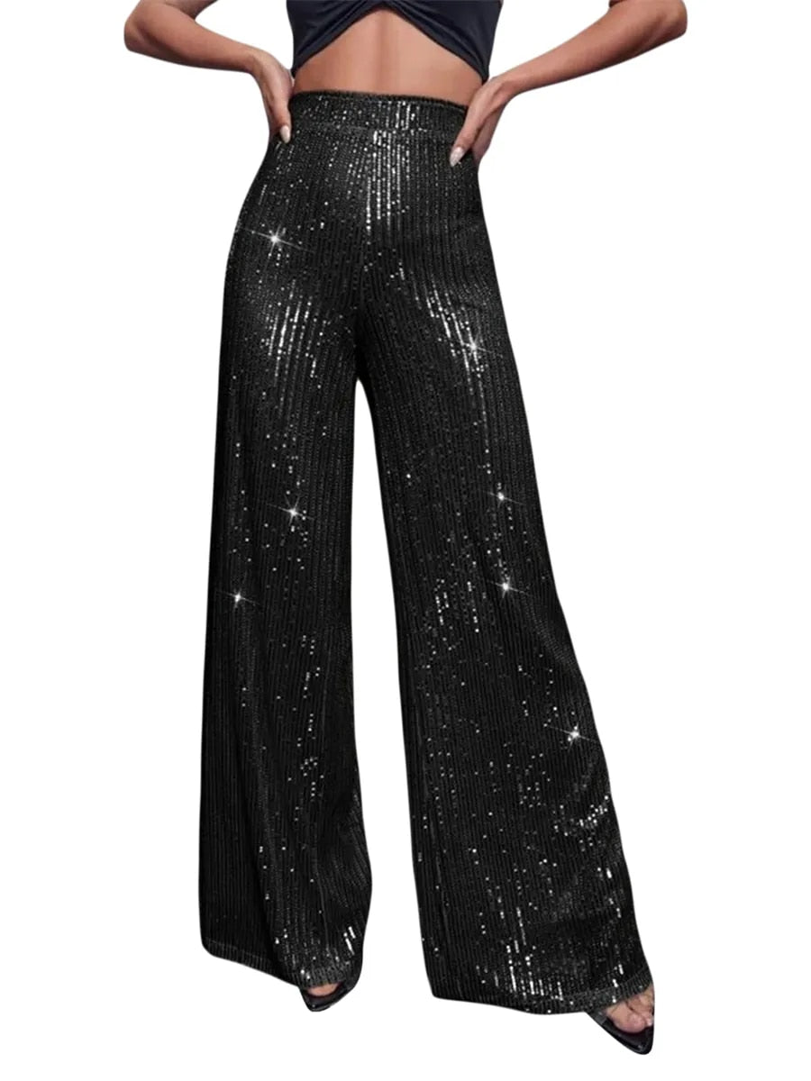 Cheers - Women Sequin Glitter Flare Dress Pants