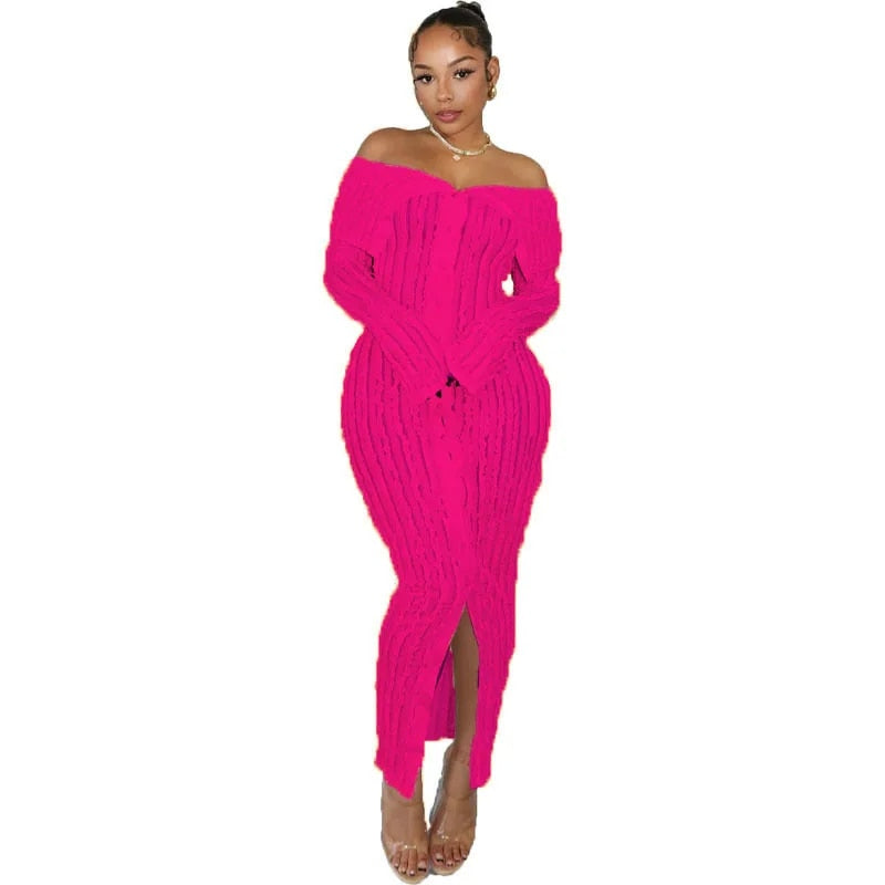 Lace Ruffle Women Sexy Bodycon Maxi Dress Slash Neck Off Shoulder Long Sleeve Single Breasted Slim Club Party Dresses Streetwear