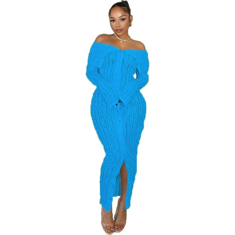 Lace Ruffle Women Sexy Bodycon Maxi Dress Slash Neck Off Shoulder Long Sleeve Single Breasted Slim Club Party Dresses Streetwear