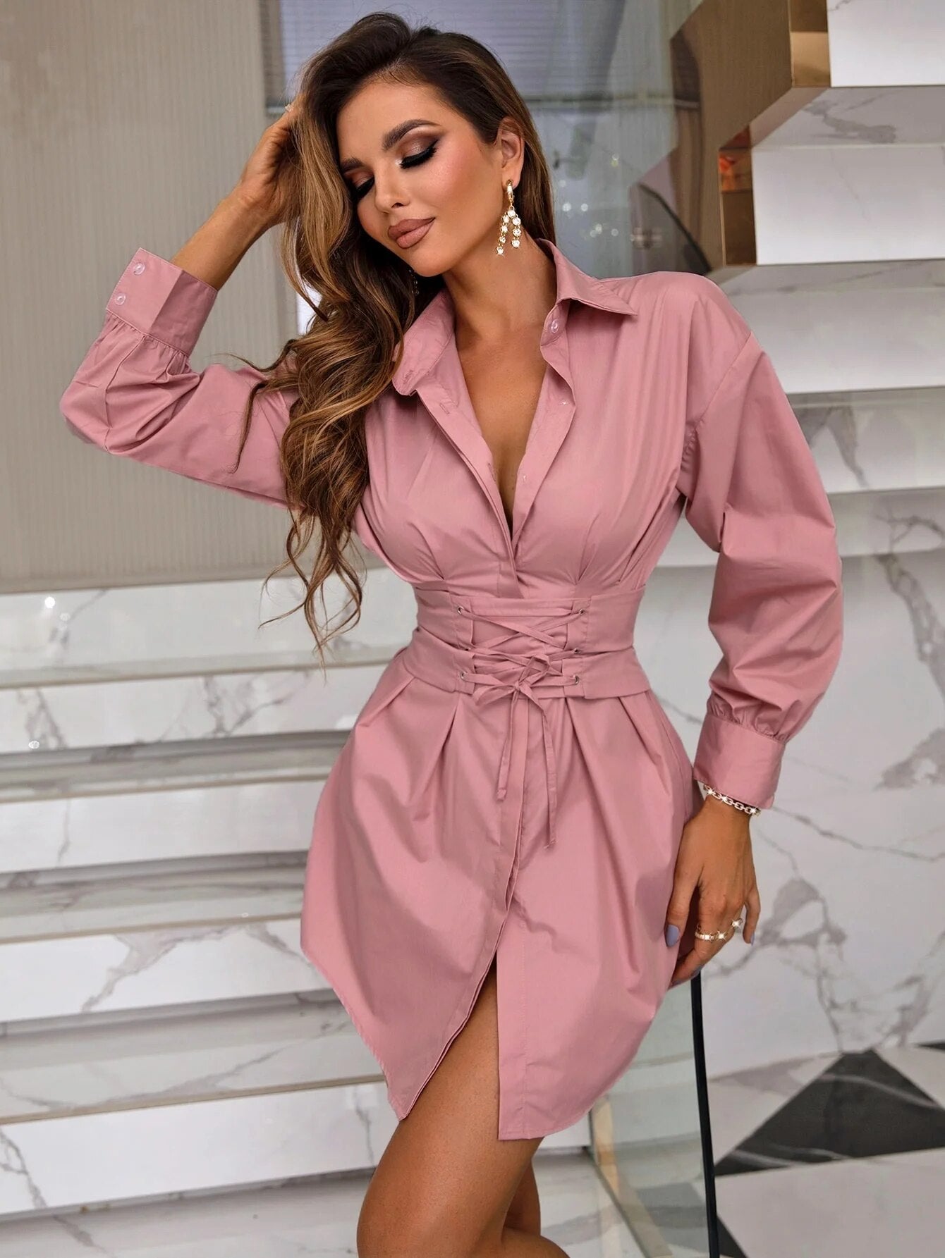 Victoria - Lace Up Front Drop Shoulder Shirt Dress