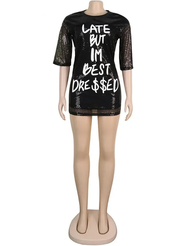 Express Yourself - Letter Sequin Spliced Sexy T Shirt Dress