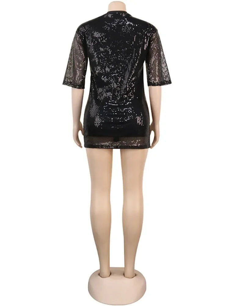 Express Yourself - Letter Sequin Spliced Sexy T Shirt Dress