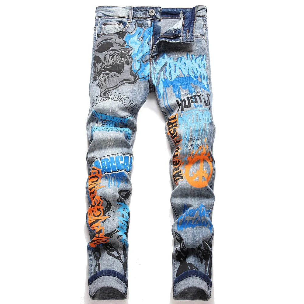 Men's Graffiti Print Denim Jeans