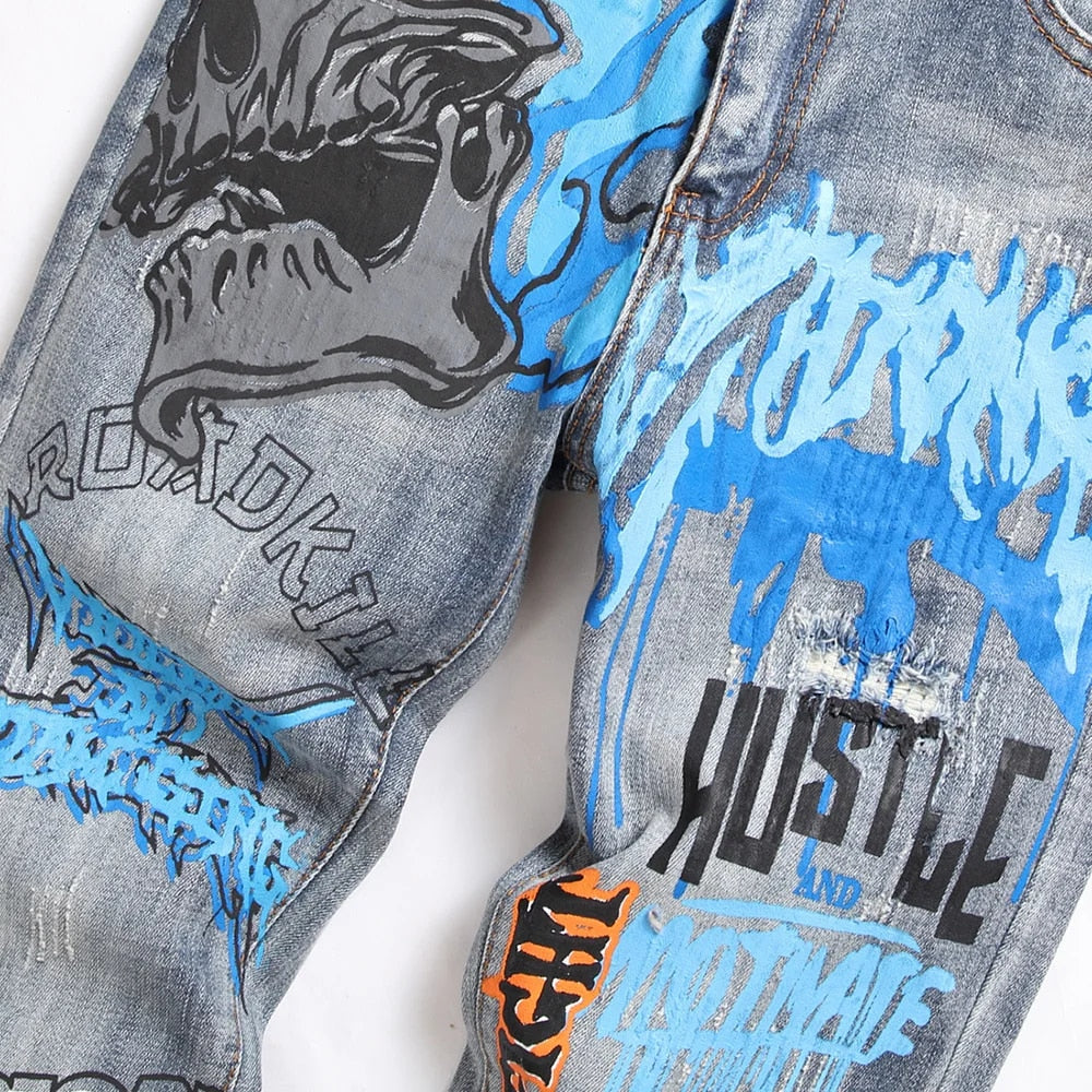 Men's Graffiti Print Denim Jeans