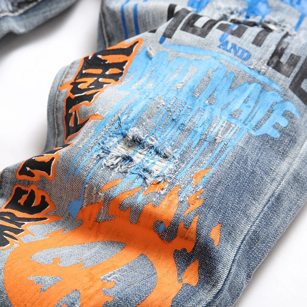 Men's Graffiti Print Denim Jeans