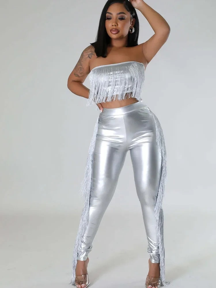 Dallas - Metallic Two-Piece Tassel Pants Set