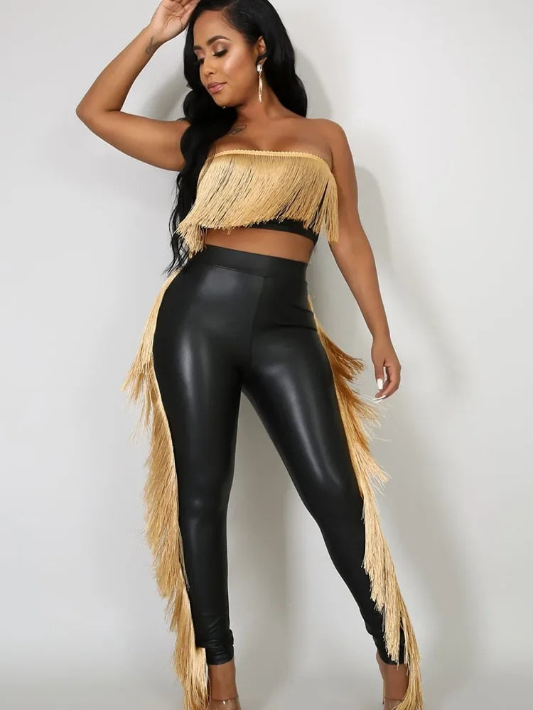 Dallas - Metallic Two-Piece Tassel Pants Set