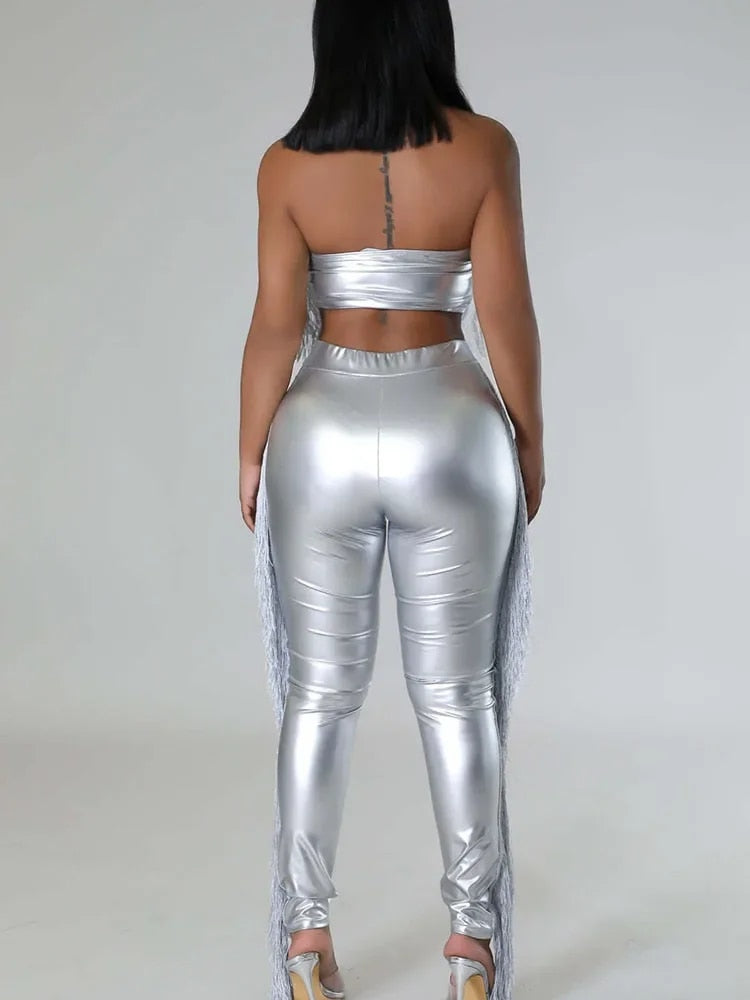 Dallas - Metallic Two-Piece Tassel Pants Set