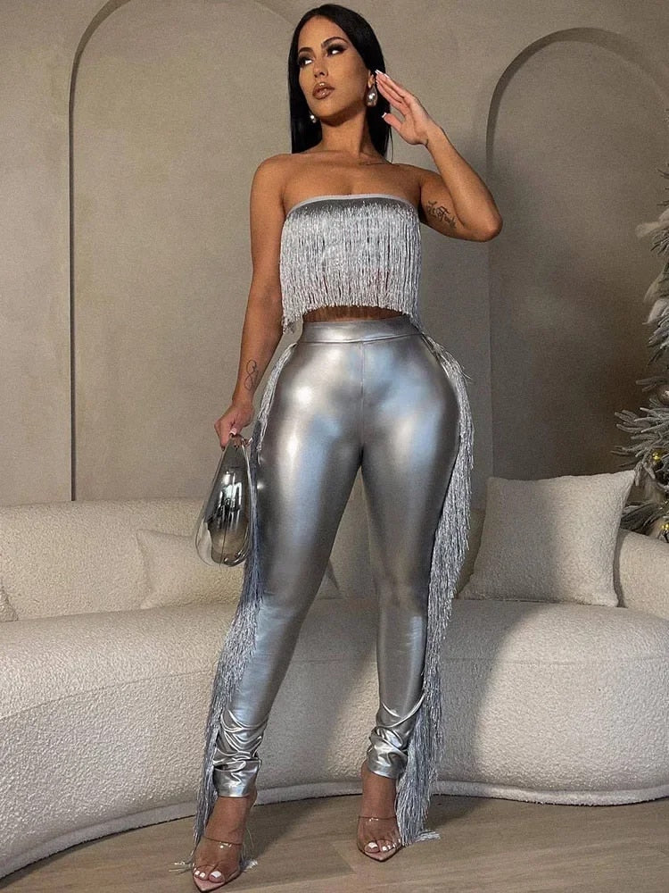 Dallas - Metallic Two-Piece Tassel Pants Set