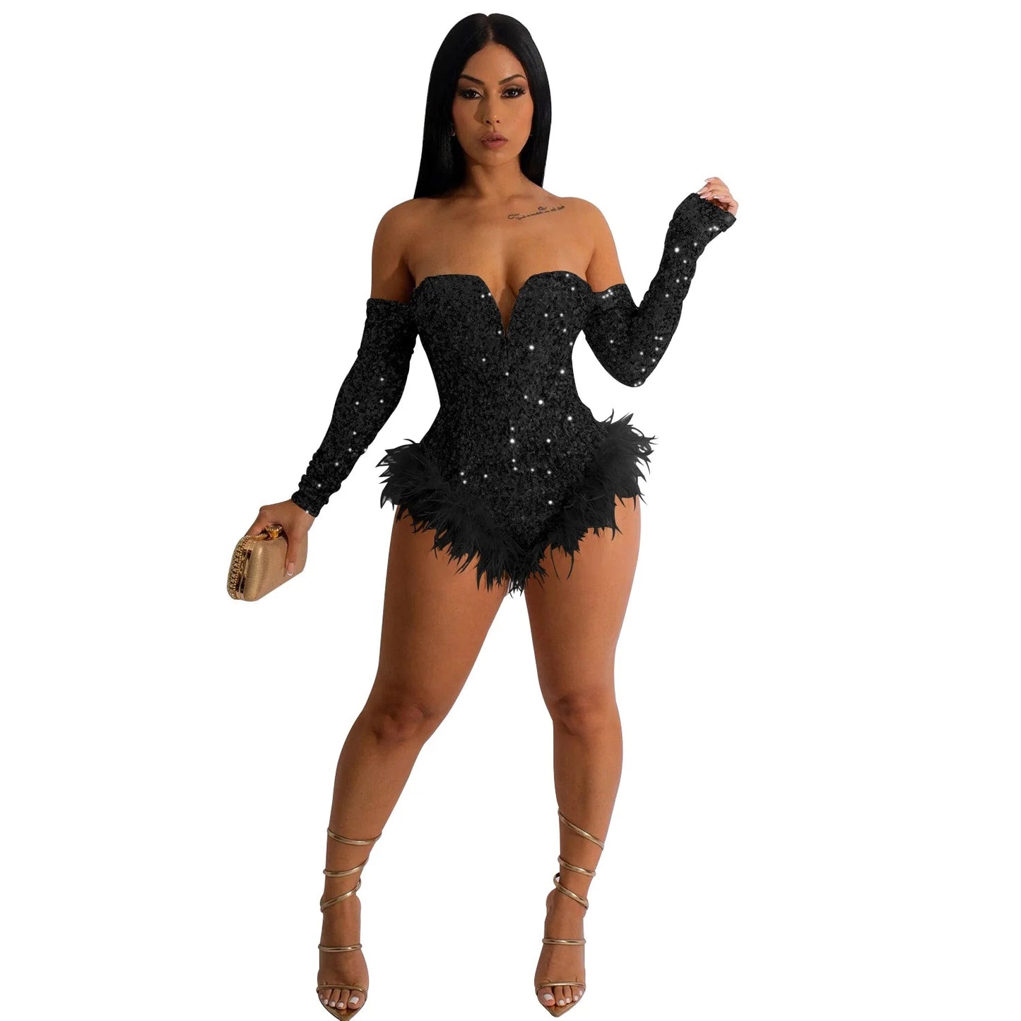 You Wish - Elegant Sequin Feather Romper