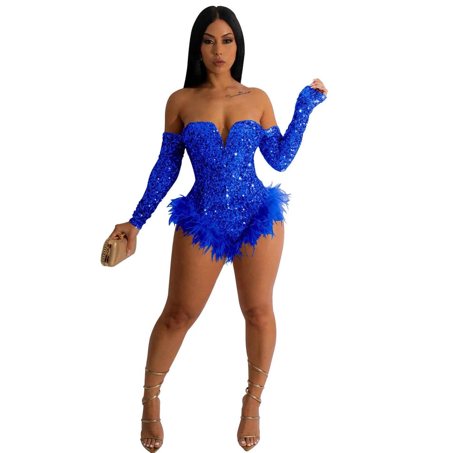 You Wish - Elegant Sequin Feather Romper