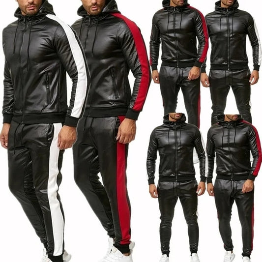 Men's Pu Leather Hoodies Set