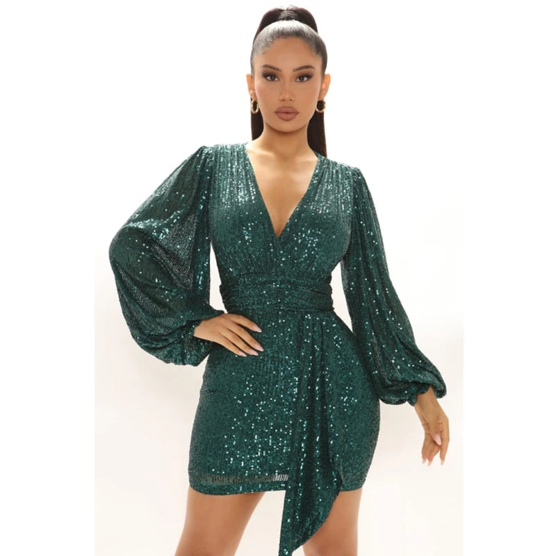 Sparkle - Ladies' Long-Sleeved V Neck Lantern Mini Dress