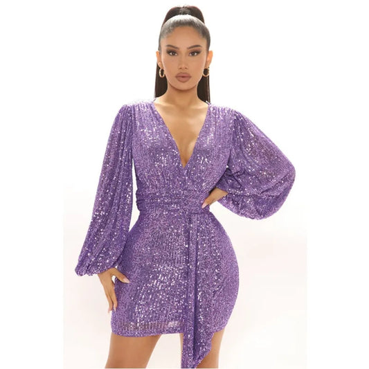 Sparkle - Ladies' Long-Sleeved V Neck Lantern Mini Dress