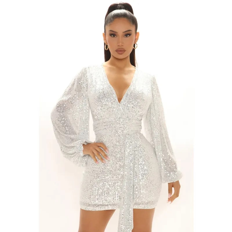 Sparkle - Ladies' Long-Sleeved V Neck Lantern Mini Dress