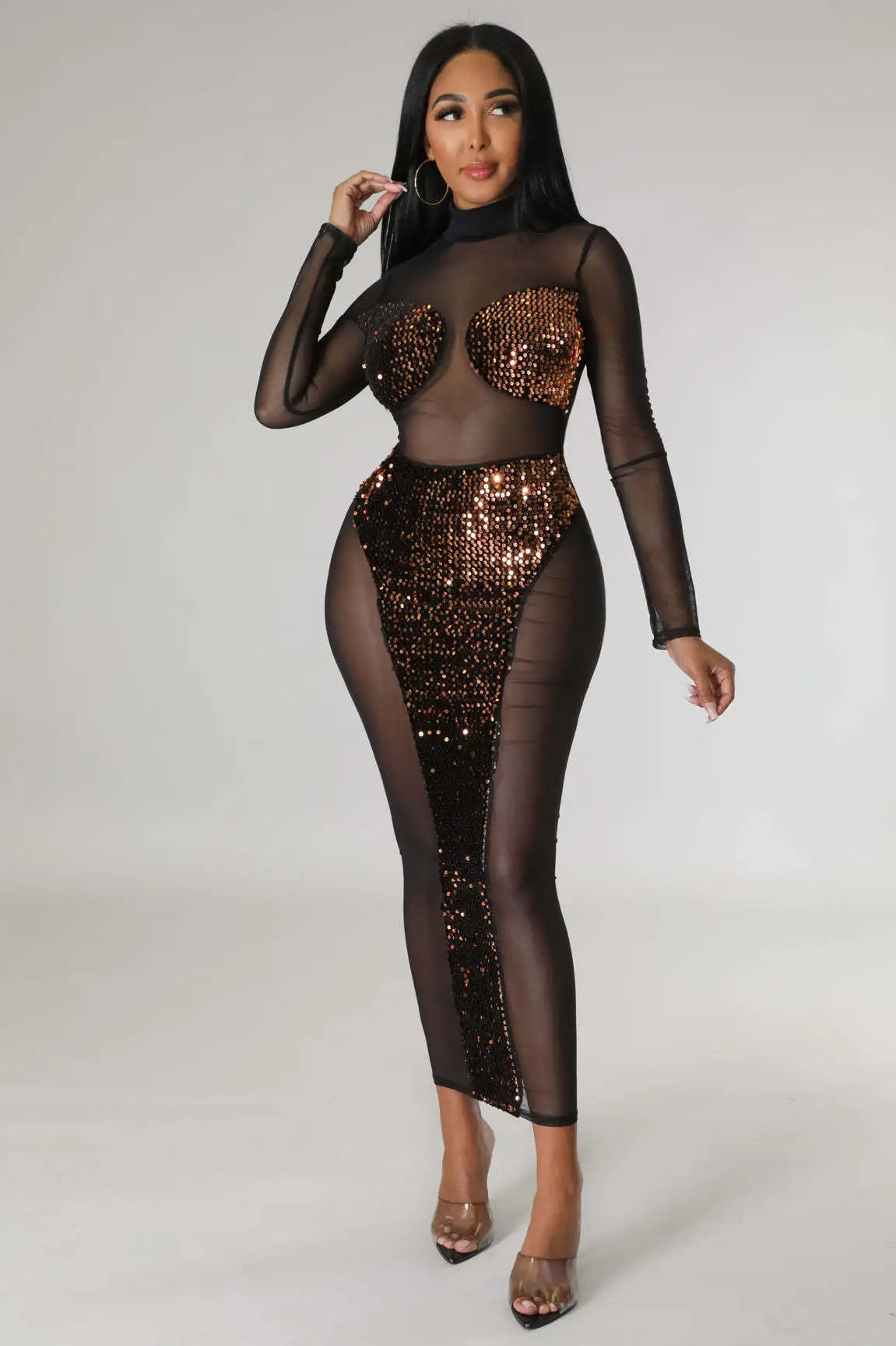 All Night Long - Sexy Mesh Sequin Embellished Evening Dress