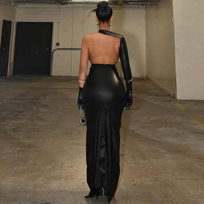 Walking Trophy - Sexy PU Leather Off Shoulder Maxi Dress