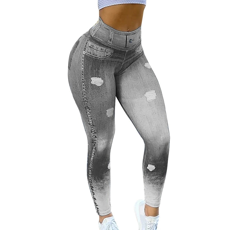 Work Hard, Play Harder - Fashion Denim Look Leggings