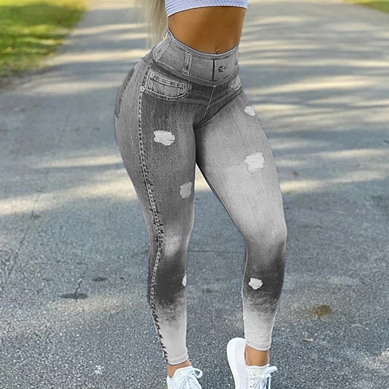 Work Hard, Play Harder - Fashion Denim Look Leggings