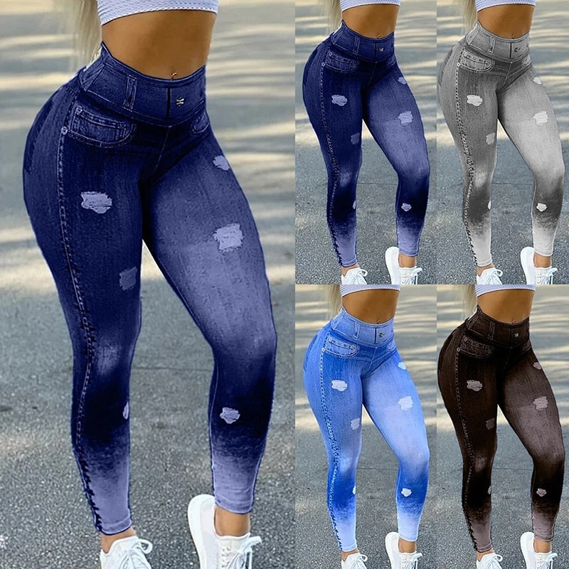 Work Hard, Play Harder - Fashion Denim Look Leggings