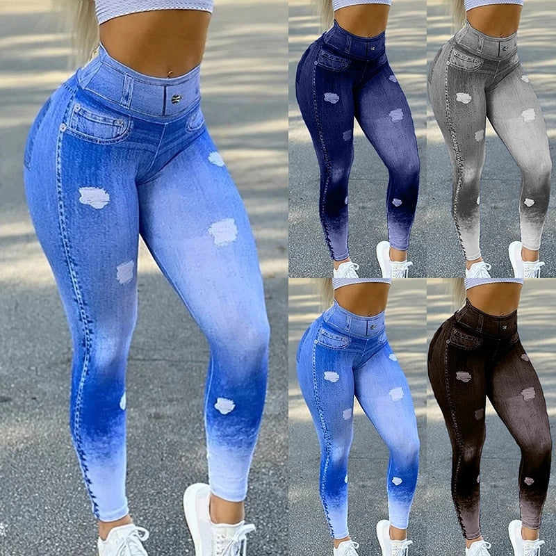 Work Hard, Play Harder - Fashion Denim Look Leggings