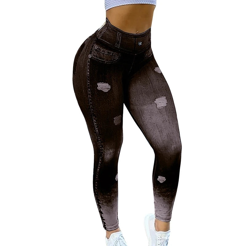 Work Hard, Play Harder - Fashion Denim Look Leggings