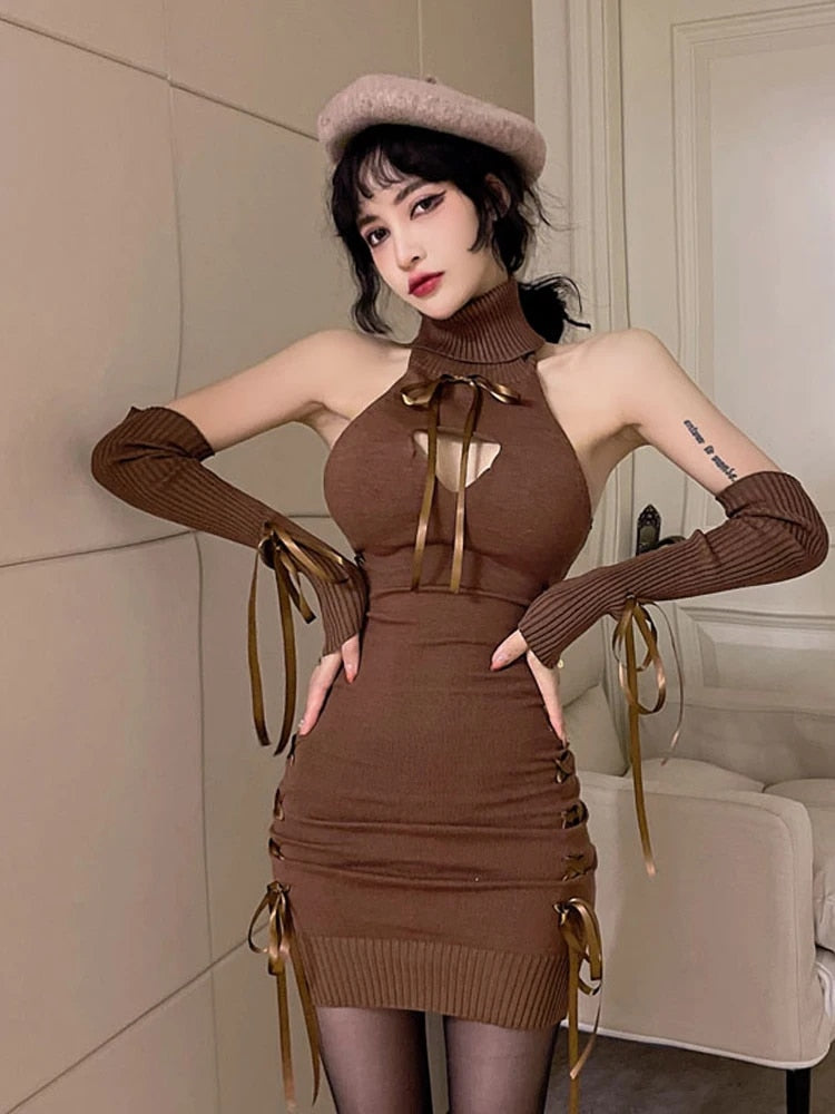 Sexy Club Sheath Knit Dresses For Women Turtleneck Slim Fit Bottoming Dresses Fashion Party Evening Dress Separate Sleeve