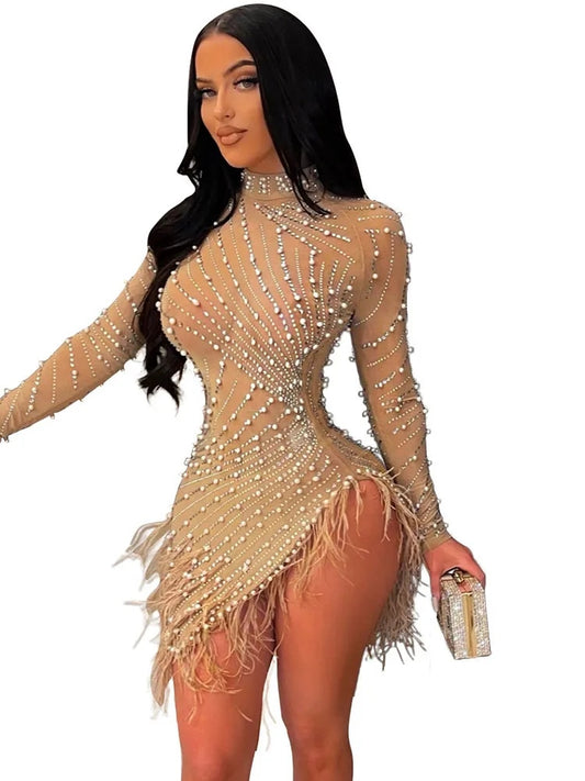 Leilani - Sexy Mesh Rhinestone Feather Bodycon Mini Dress