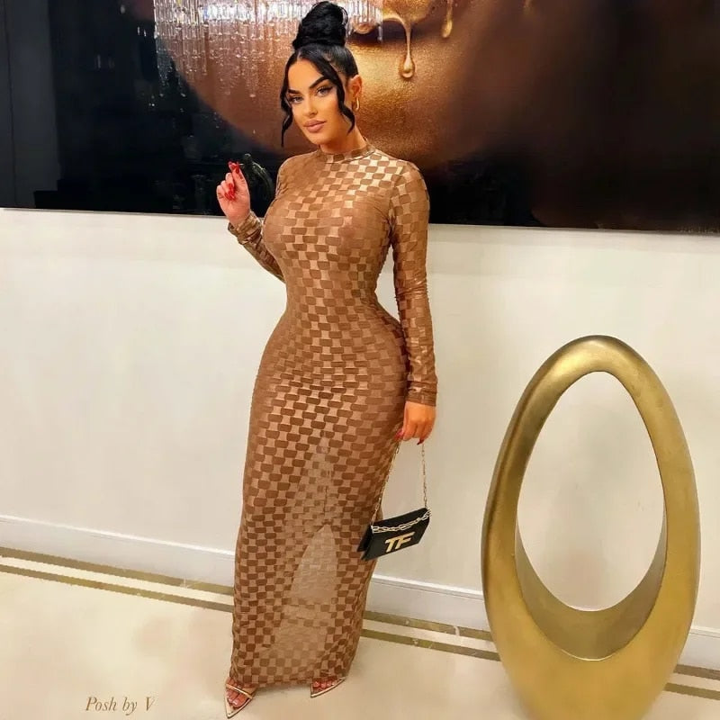 Zaria - Sexy Sheer Mesh Maxi Bodycon Dress