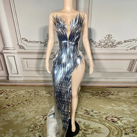 All That Class - Elegant Sexy Shiny Silver Long Tail Sequined Gown