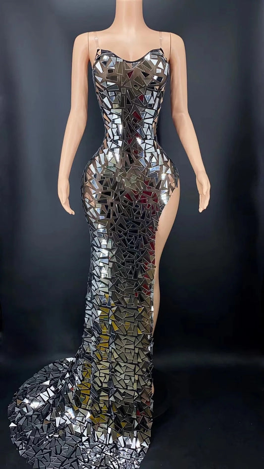 Broken Mirrors - Stunning Luxurious Silver Mirrors Evening Gown