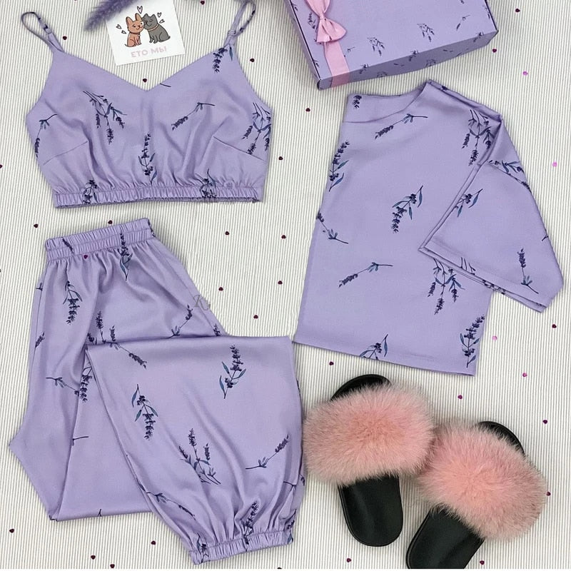 Three-Piece Silk Satin Pajamas Set