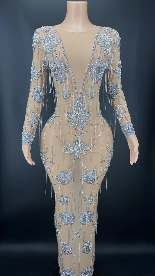 Ladies First - Silver Rhinestone Crystal Chain Mesh Evening Dress