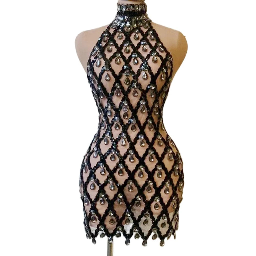 Stone Cold - Elegant Crystal Studded High Neck Mesh Evening Dress